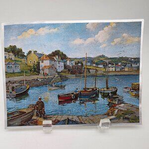 Harbor Scene Art Print By Bert Pugh Coastal Boats & Village Landscape